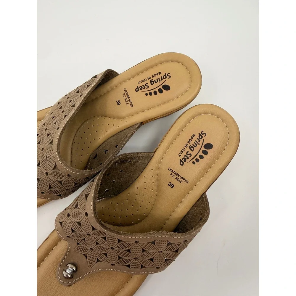 Spring Step Womens Tan Leather Laser Cut Floral Wedge Thong Sandal Made in Italy